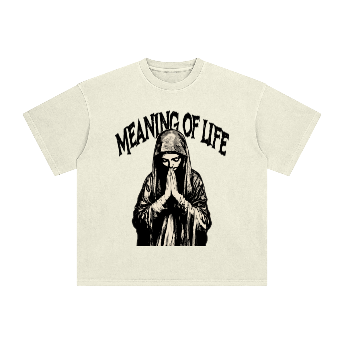 An off-white short-sleeve t-shirt with a black graphic of a hooded praying figure and the text 'MEANING OF LIFE' arched above it, displayed on a solid white background.